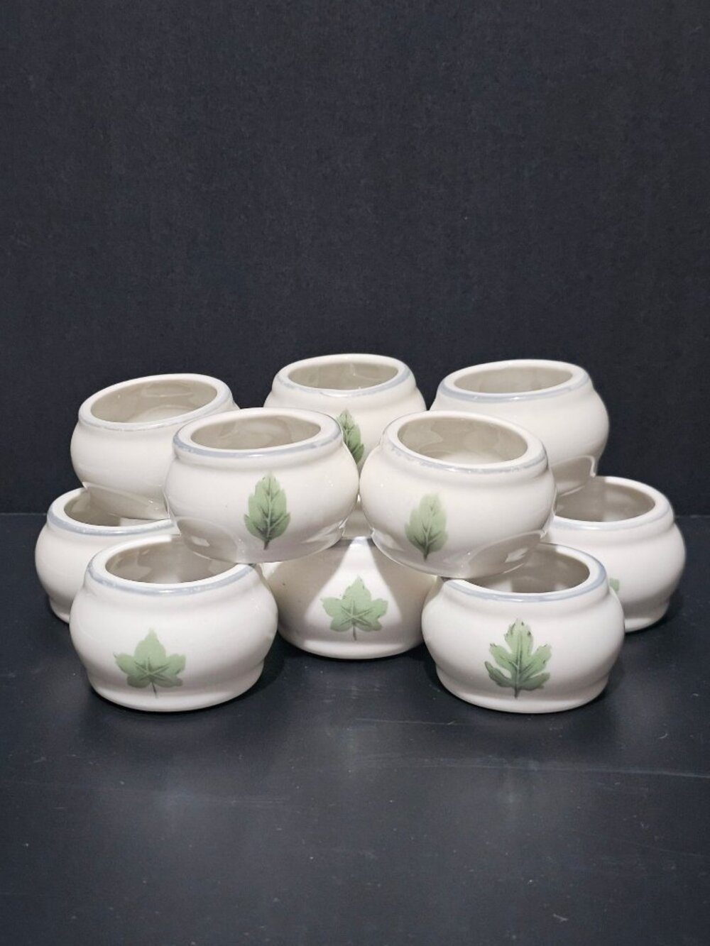 Damon Wood Stoneware Napkin Rings 2" Green Leaf set/12 vintage botanical ceramic
